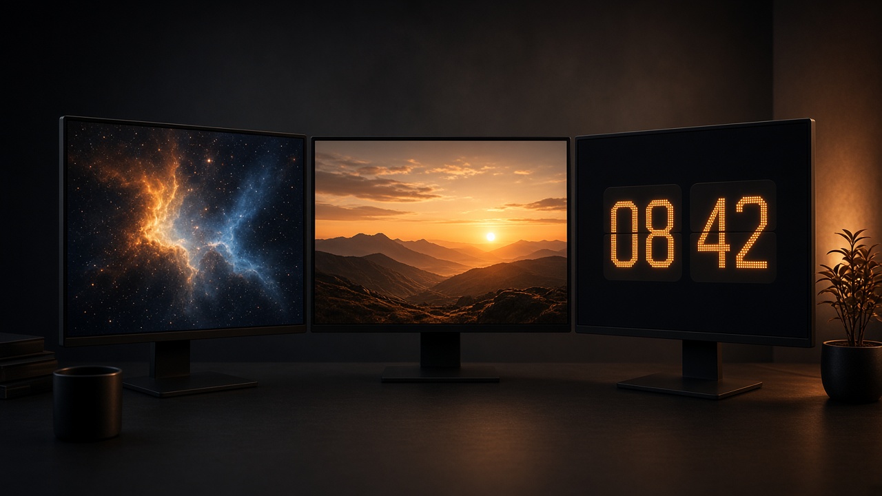Escritorio con tres monitores y escenas distintas
