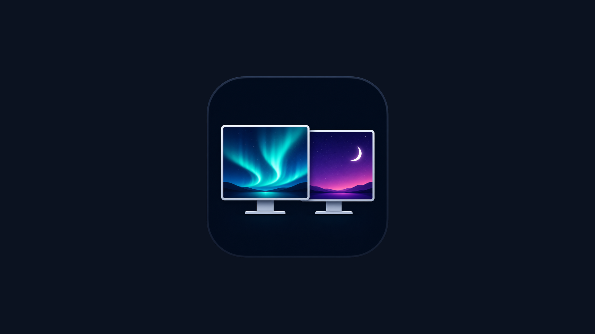 Dos monitores con protectores distintos: aurora y cielo nocturno