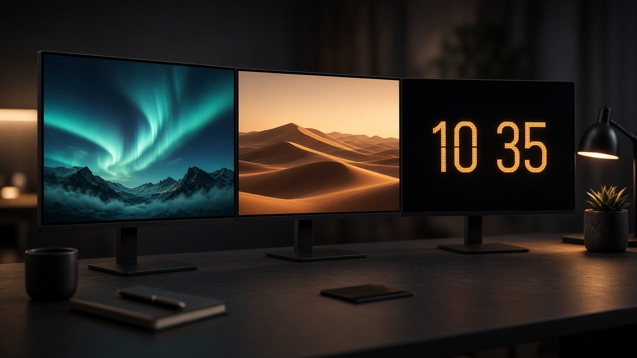 Three monitors: aurora, landscape, and flip clock