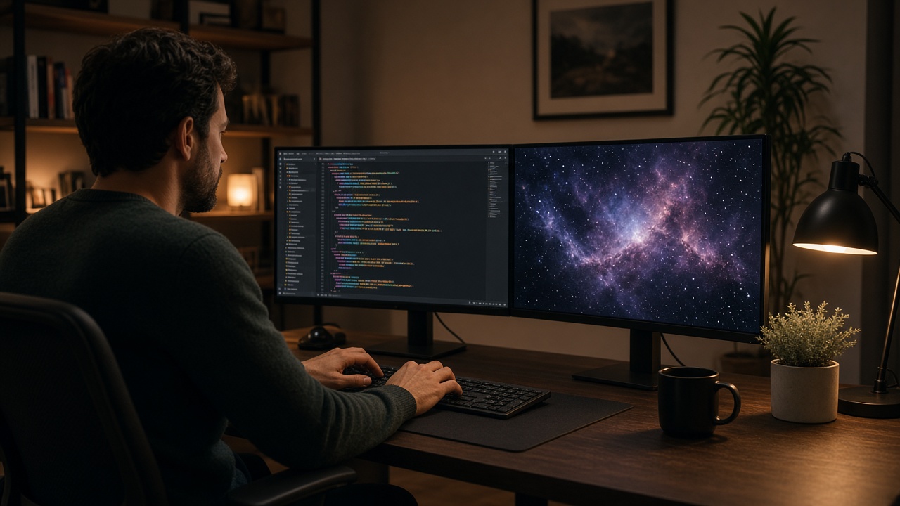 Person working while the secondary shows space